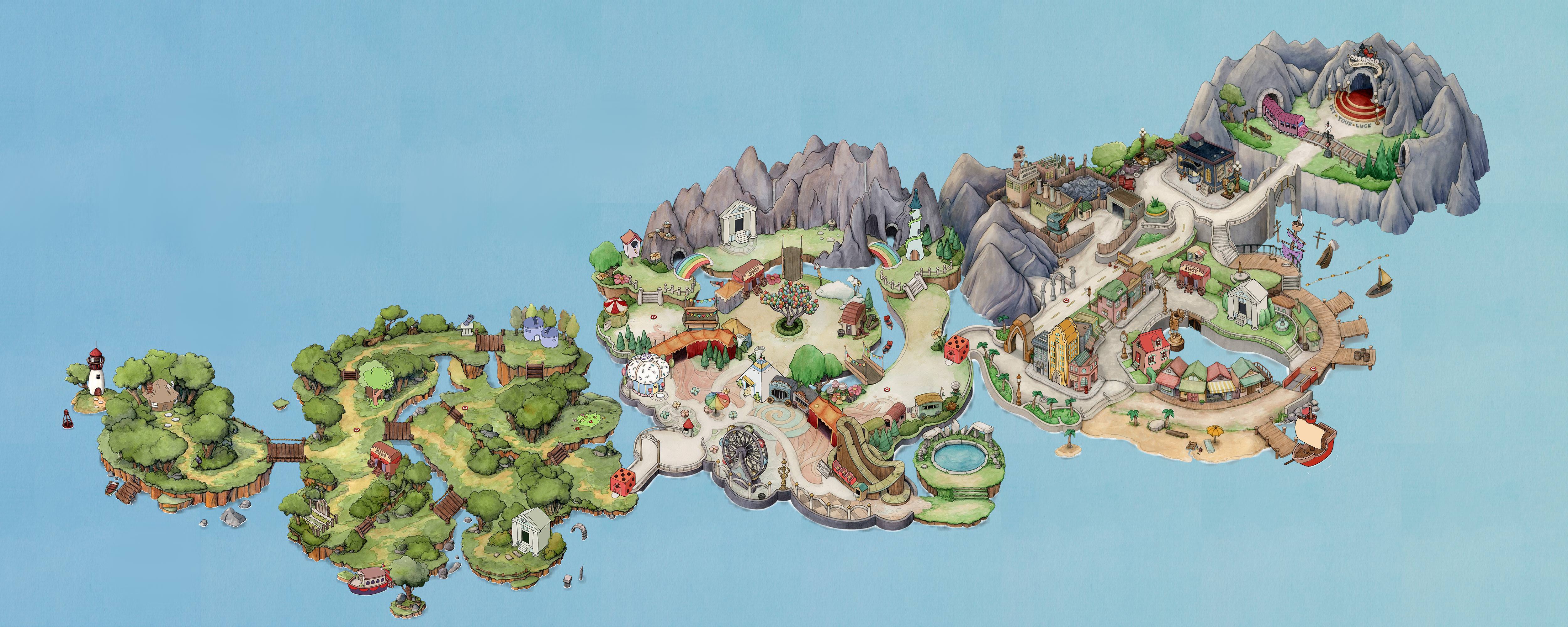 La mappa globale di Cuphead è disegnata in modo da evidenziare il percorso graduale del giocatore.