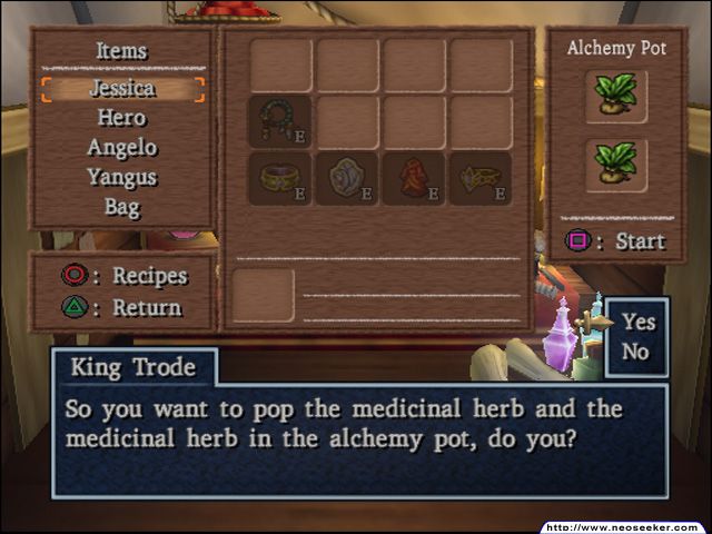 In Dragon Quest, la meccanica di alchimia non offre certezze al giocatore, a meno che questi non trovi delle ricette. Non conoscere le relazioni tra gli ingredienti stimola però la sperimentazione e lascia spazio a sorprese e miglioramento.