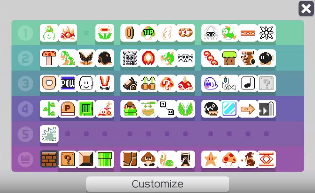 In Mario Maker, al giocatore vengono messi a disposizione tutti gli assets della serie classica di Nintendo per creare i propri livelli. Le relazioni tra ambiente, oggetti ed NPCs possono però essere alterate e stravolte in modo creativo, ottenendo situazioni interessanti perché mai viste nei titoli principali della saga.